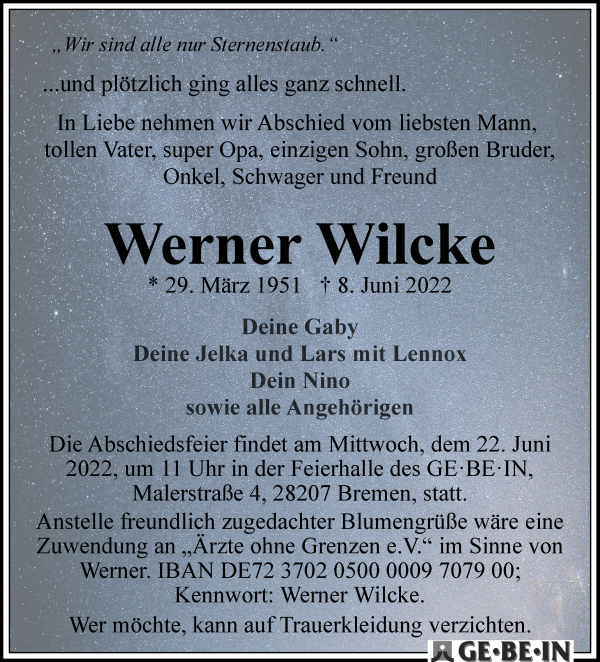 Traueranzeige von Werner Wilcke von WESER-KURIER