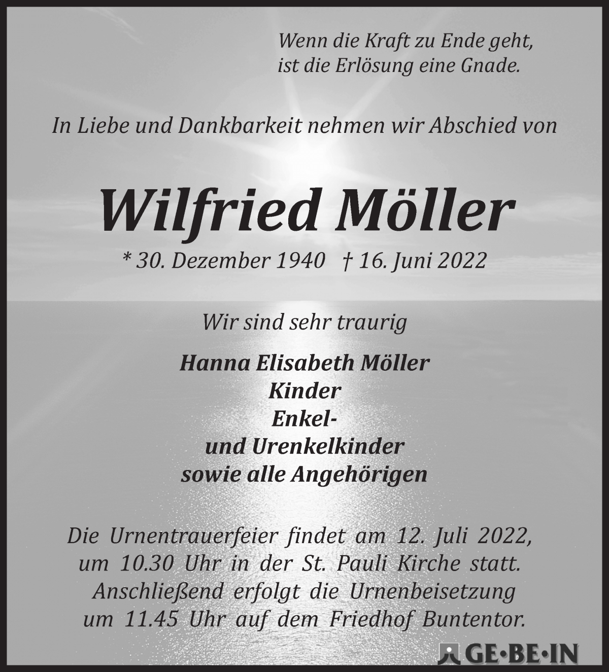 Traueranzeige von Wilfried Möller von WESER-KURIER