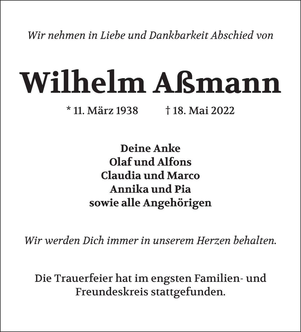 Traueranzeige von Wilhelm Aßmann von Die Norddeutsche