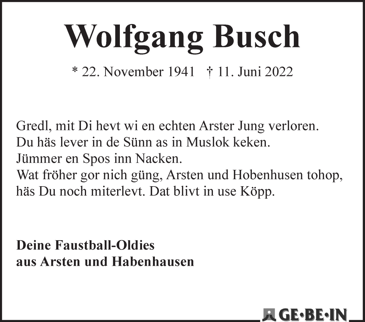  Traueranzeige für Wolfgang Busch vom 18.06.2022 aus WESER-KURIER