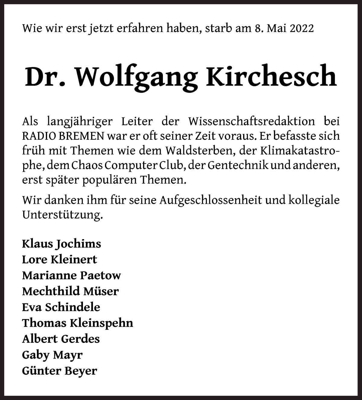 Traueranzeige von Wolfgang Kirchesch von WESER-KURIER