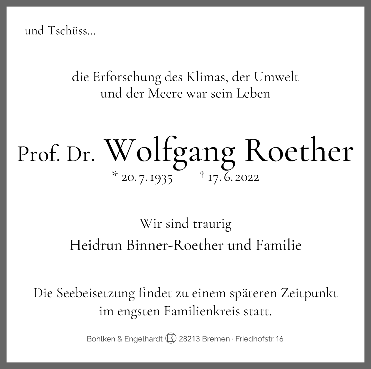 Traueranzeige von Wolfgang Roether von WESER-KURIER