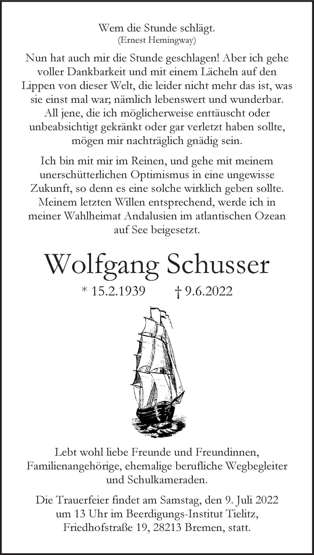  Traueranzeige für Wolfgang Schusser vom 25.06.2022 aus WESER-KURIER