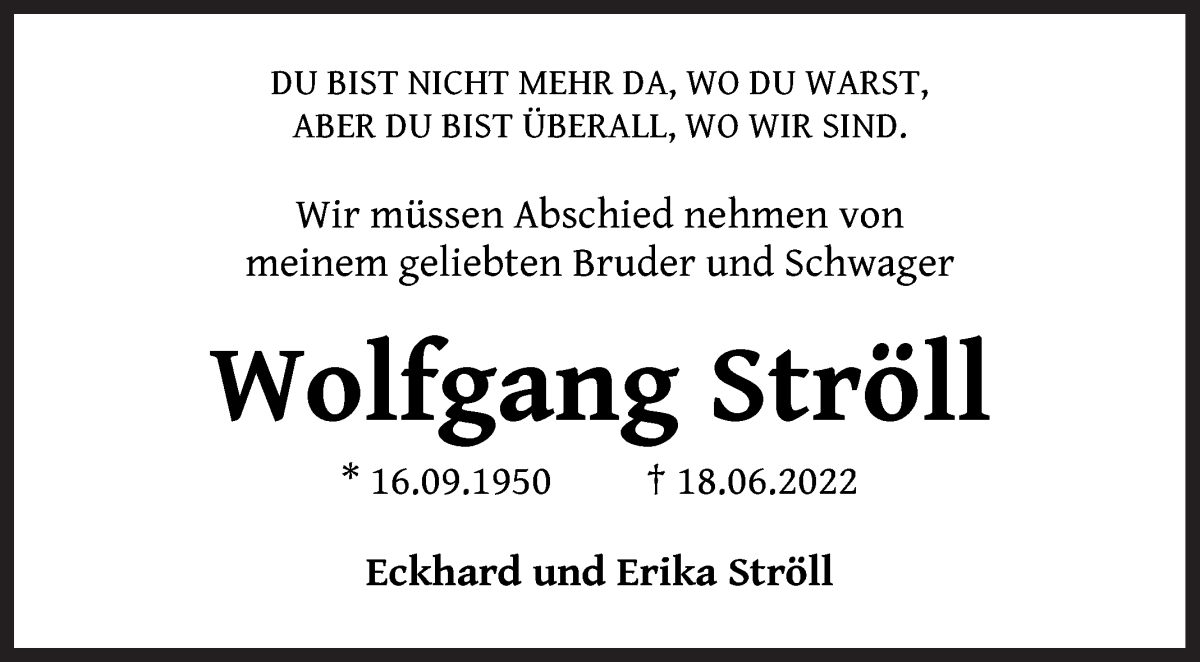 Traueranzeige von Wolfgang Ströll von WESER-KURIER