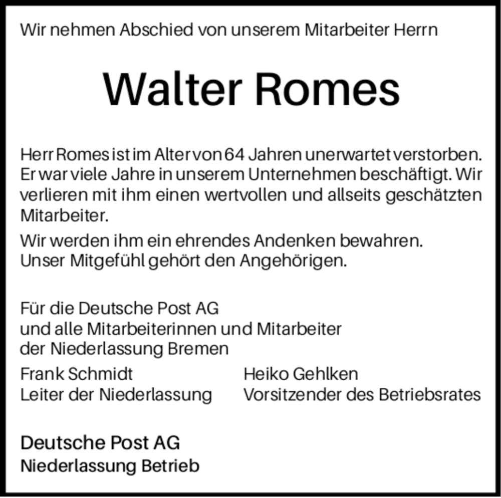 Traueranzeige von Walter Romes von Weser Kurier Gesamtausgabe