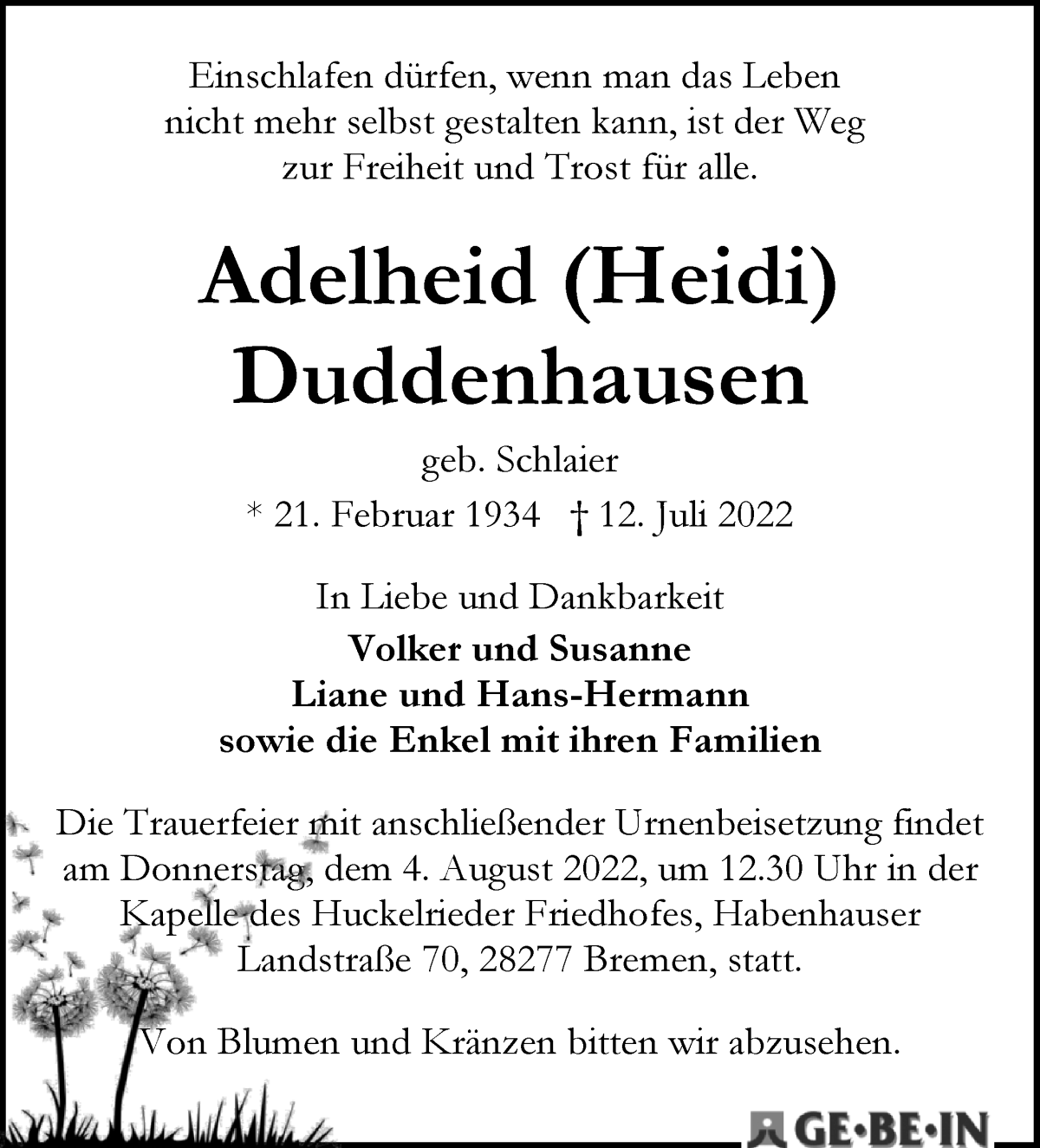 Traueranzeige von Adelheid Duddenhausen von WESER-KURIER