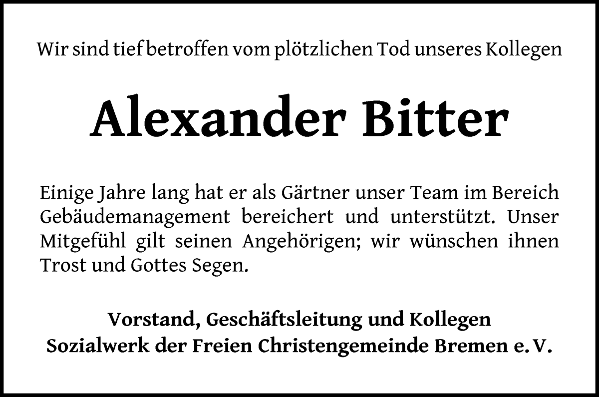 Traueranzeige von Alexander Bitter von Die Norddeutsche