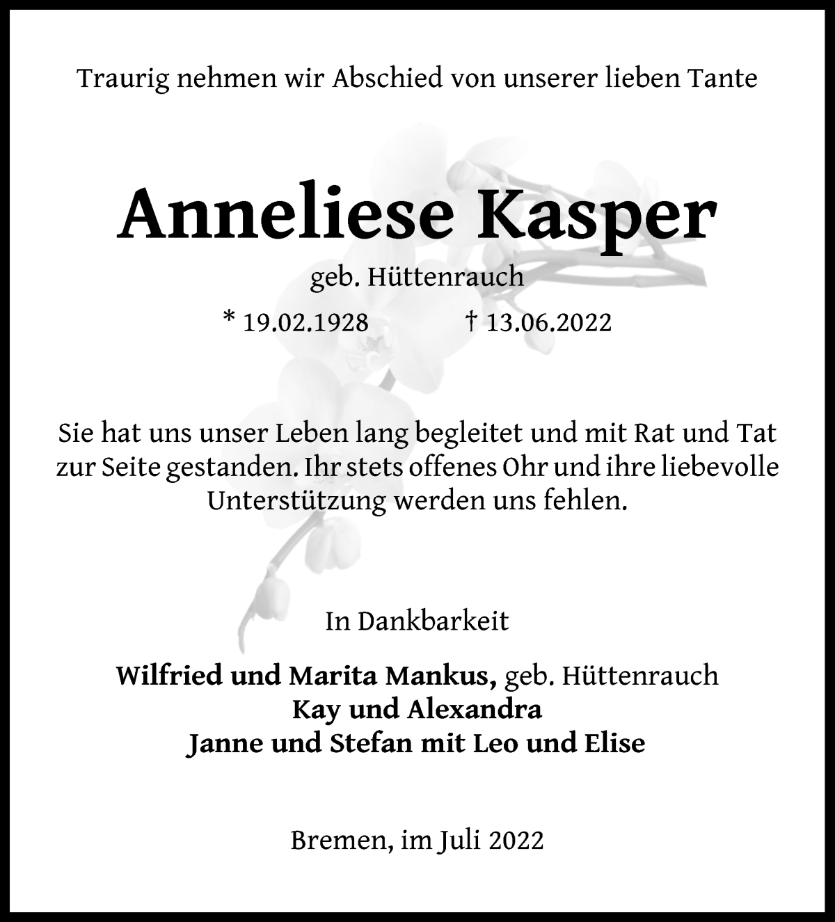  Traueranzeige für Anneliese Kasper vom 09.07.2022 aus Die Norddeutsche