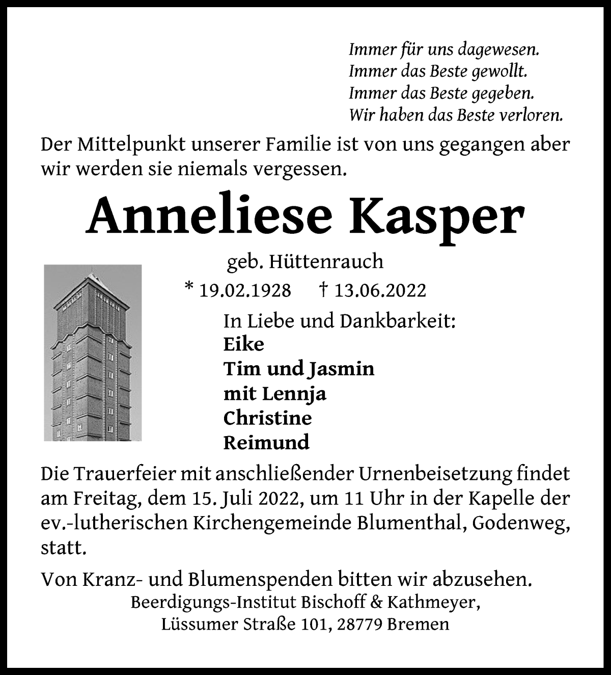  Traueranzeige für Anneliese Kasper vom 09.07.2022 aus Die Norddeutsche