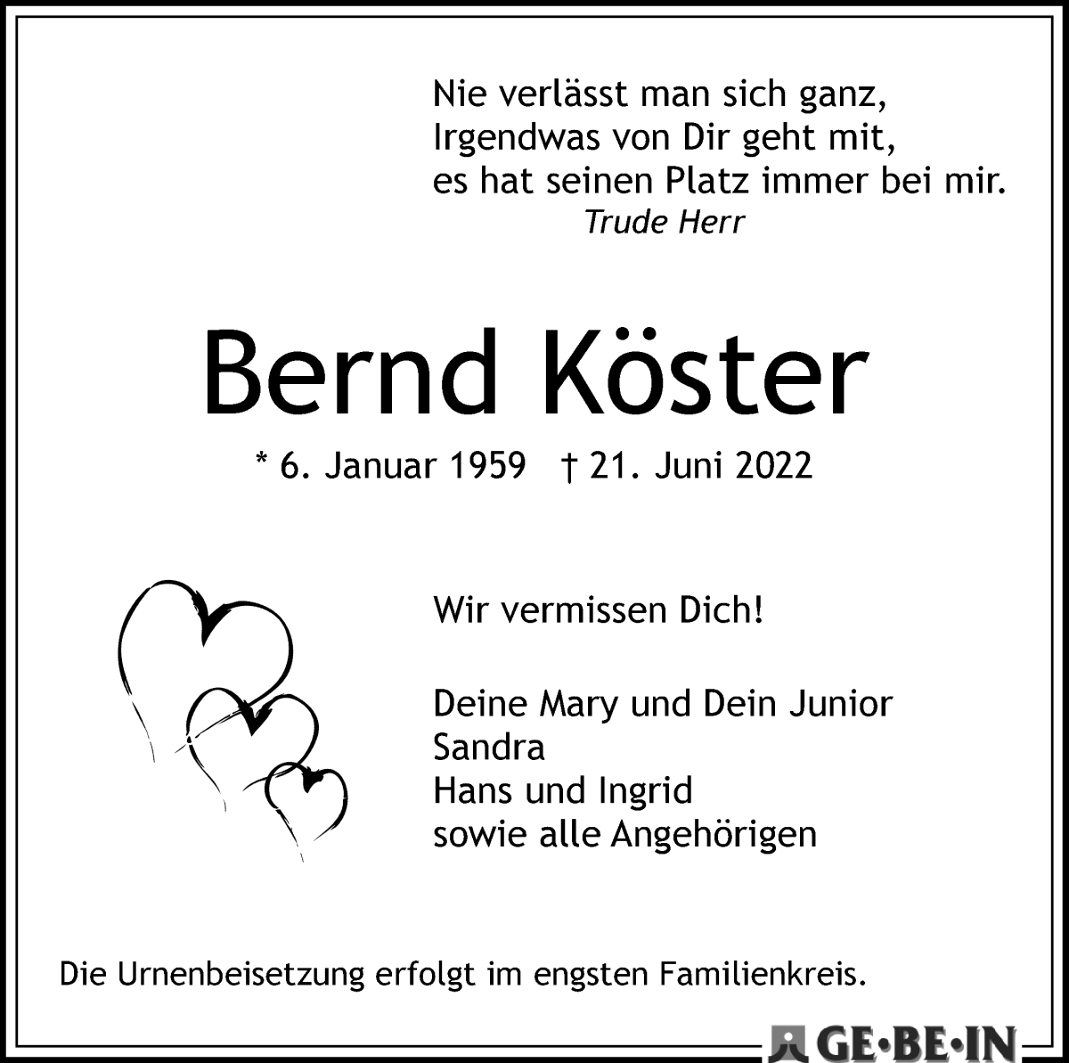  Traueranzeige für Bernd Köster vom 02.07.2022 aus WESER-KURIER