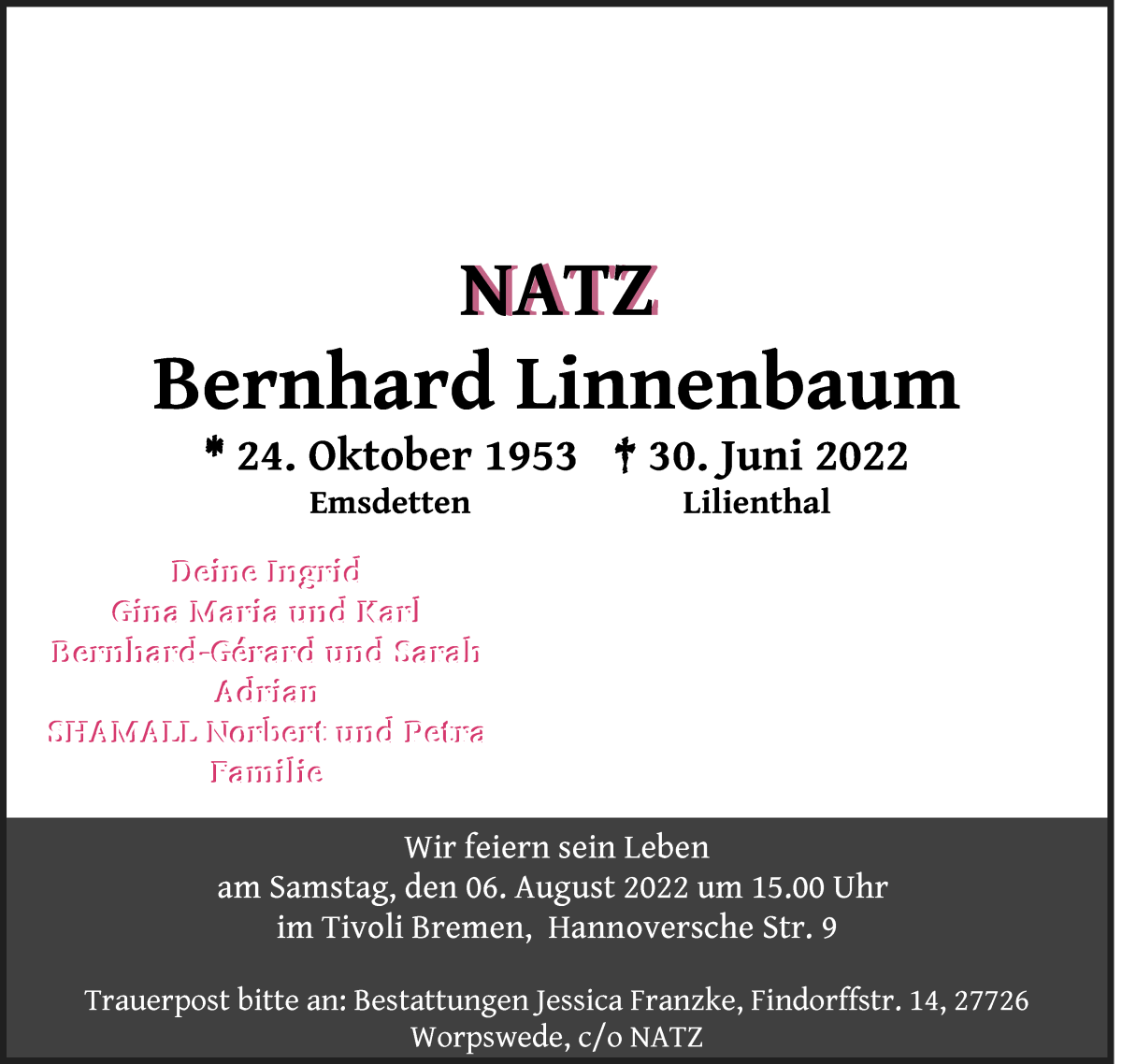  Traueranzeige für Bernhard Linnenbaum vom 09.07.2022 aus WESER-KURIER