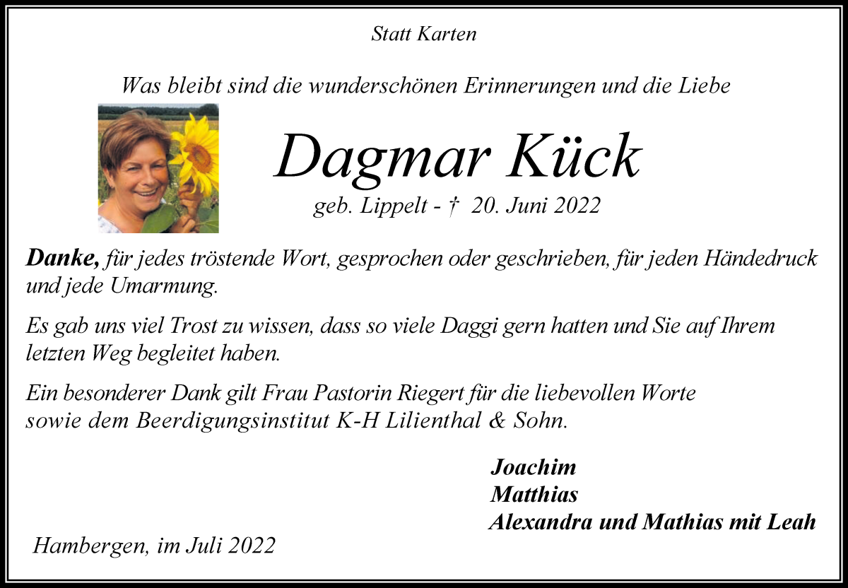  Traueranzeige für Dagmar Kück vom 23.07.2022 aus Osterholzer Kreisblatt