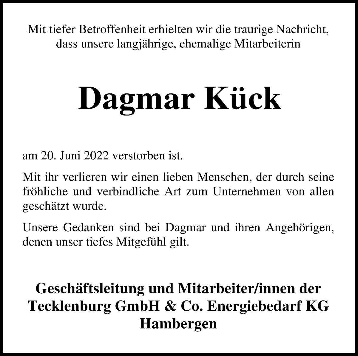  Traueranzeige für Dagmar Kück vom 02.07.2022 aus Osterholzer Kreisblatt