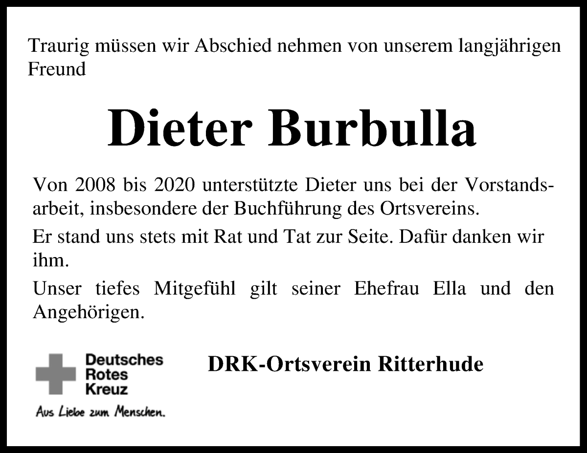  Traueranzeige für Dieter Burbulla vom 05.07.2022 aus Osterholzer Kreisblatt