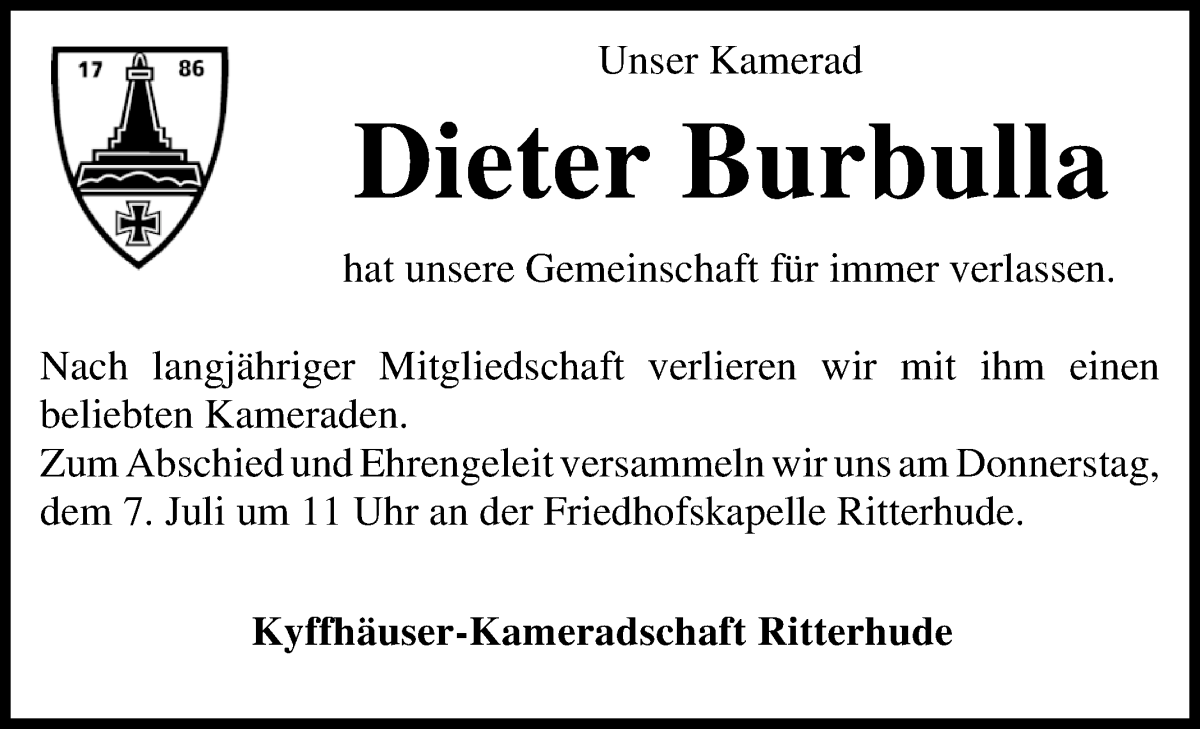  Traueranzeige für Dieter Burbulla vom 02.07.2022 aus Osterholzer Kreisblatt