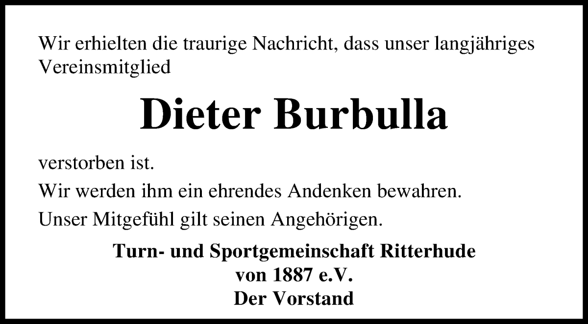 Traueranzeige für Dieter Burbulla vom 05.07.2022 aus Osterholzer Kreisblatt