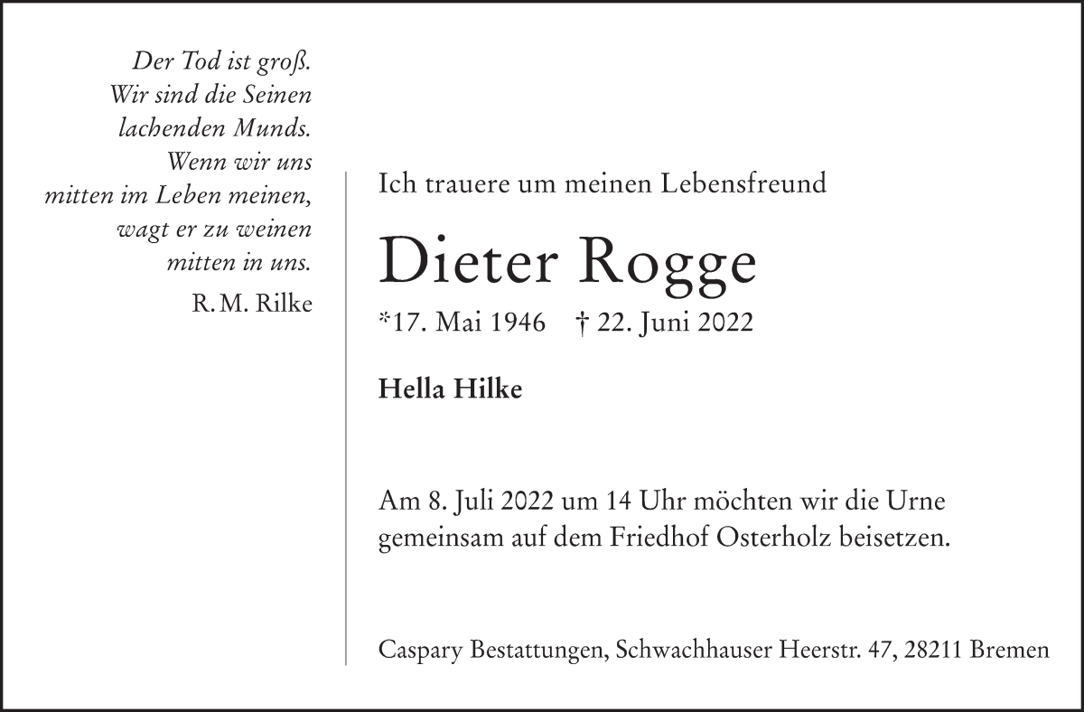  Traueranzeige für Dieter Rogge vom 02.07.2022 aus WESER-KURIER