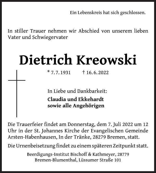 Traueranzeige von Dietrich Kreowski von Die Norddeutsche