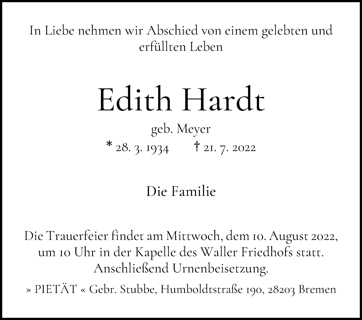 Traueranzeige von Edith Hardt von WESER-KURIER