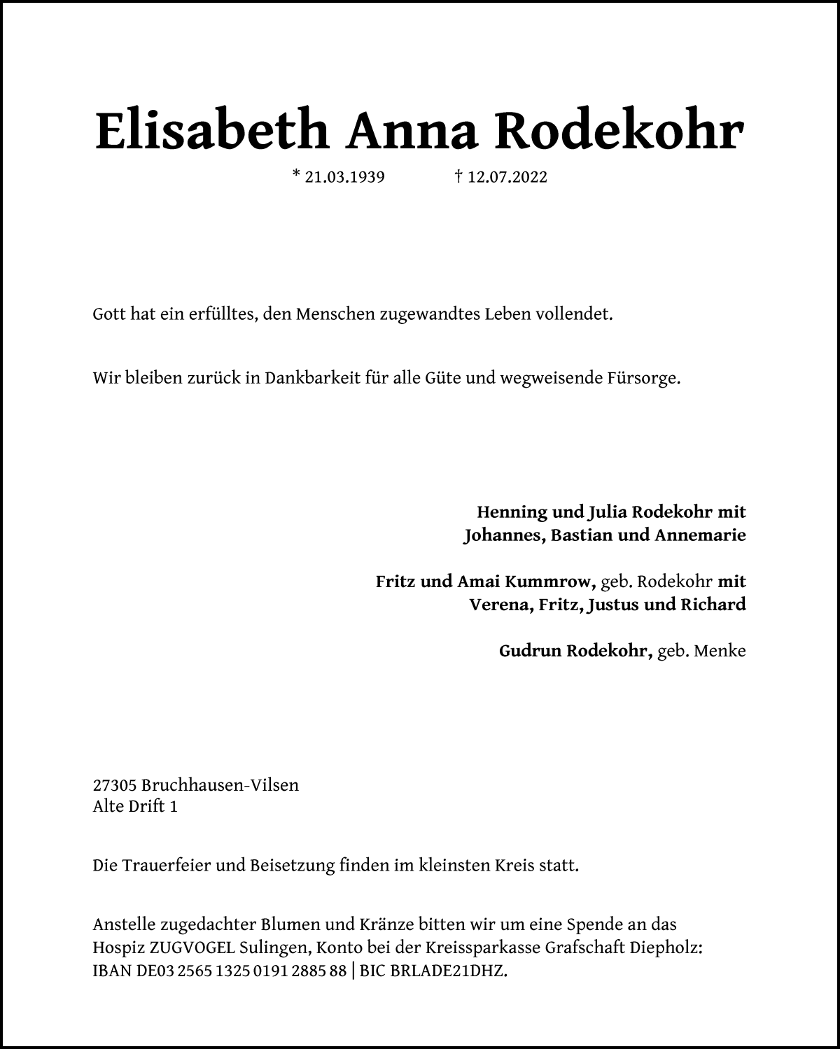  Traueranzeige für Elisabeth Anna Rodekohr vom 16.07.2022 aus WESER-KURIER