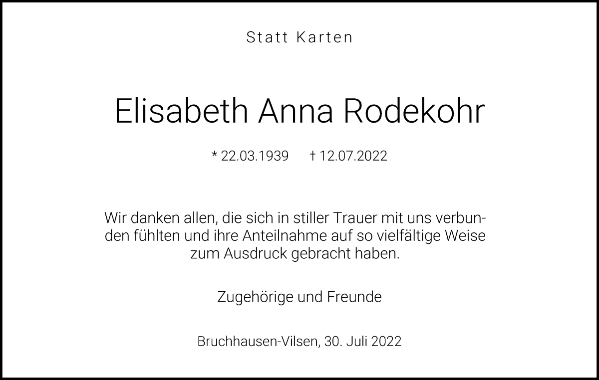  Traueranzeige für Elisabeth Anna Rodekohr vom 30.07.2022 aus Regionale Rundschau/Syker Kurier