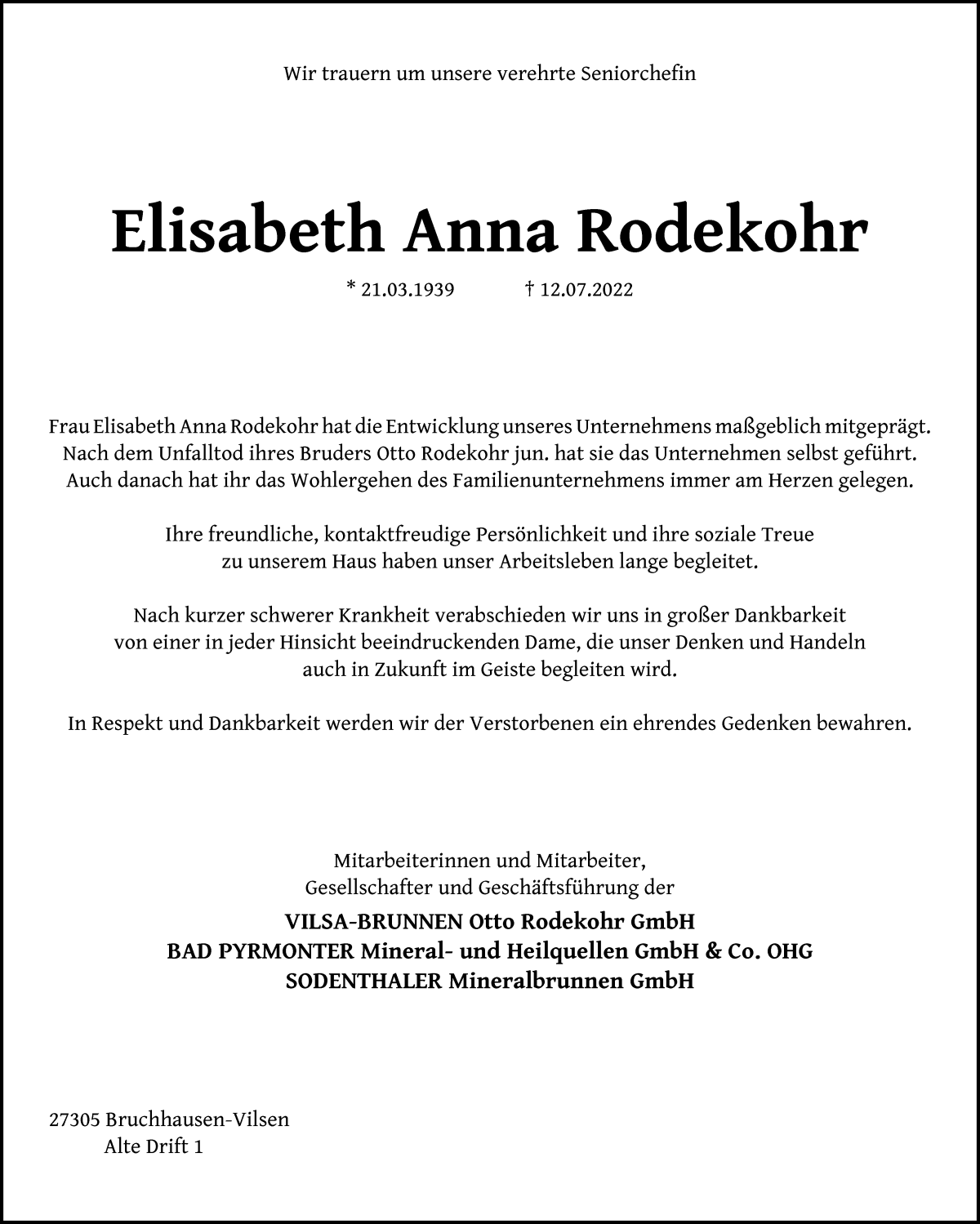  Traueranzeige für Elisabeth Anna Rodekohr vom 16.07.2022 aus WESER-KURIER