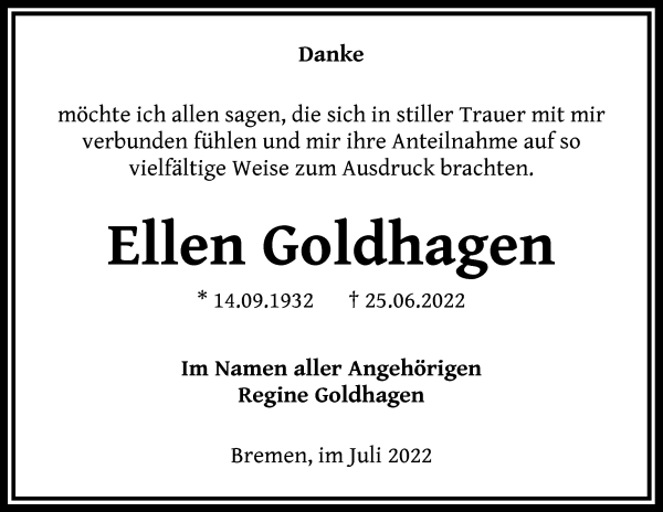 Traueranzeige von Ellen Goldhagen