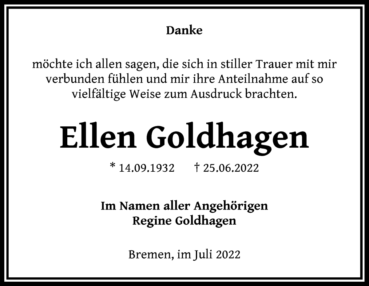 Traueranzeige für Ellen Goldhagen vom 30.07.2022 aus Die Norddeutsche