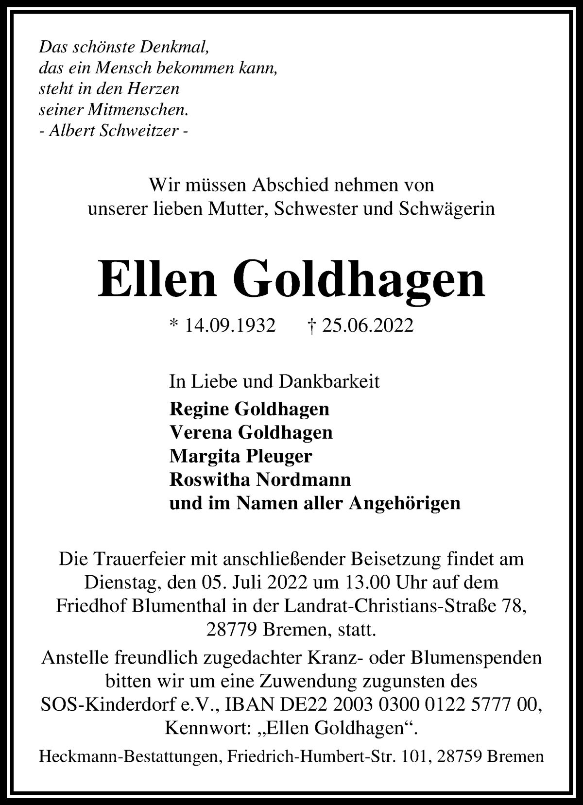  Traueranzeige für Ellen Goldhagen vom 02.07.2022 aus Die Norddeutsche