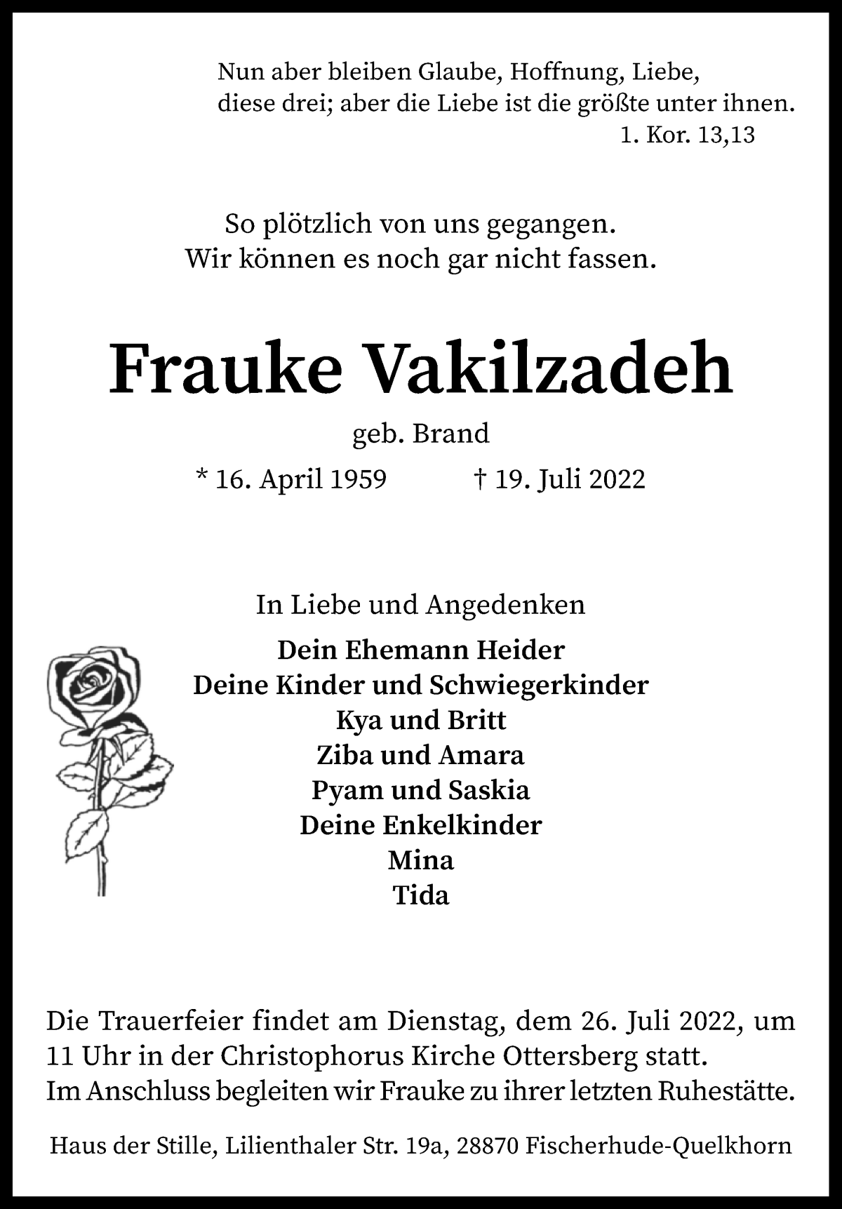  Traueranzeige für Frauke Vakilzadeh vom 21.07.2022 aus WESER-KURIER