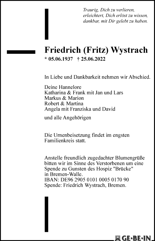 Traueranzeige von Friedrich Wystrach von WESER-KURIER