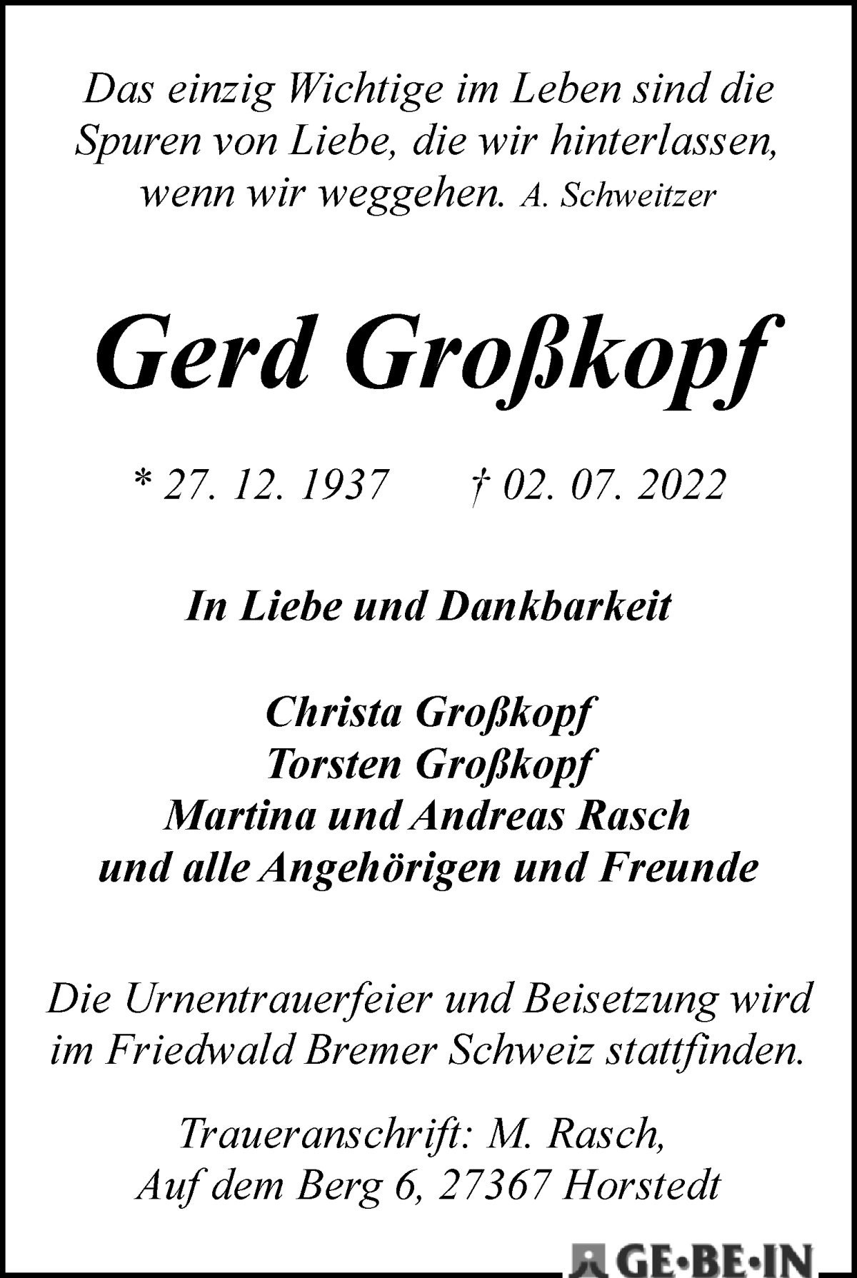 Traueranzeige von Gerd Großkopf von WESER-KURIER