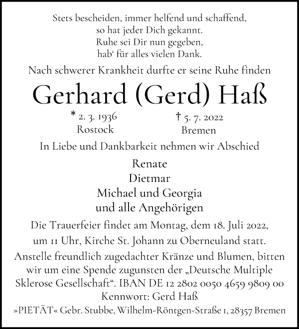 Traueranzeige von Gerhard (Gerd) Haß von WESER-KURIER