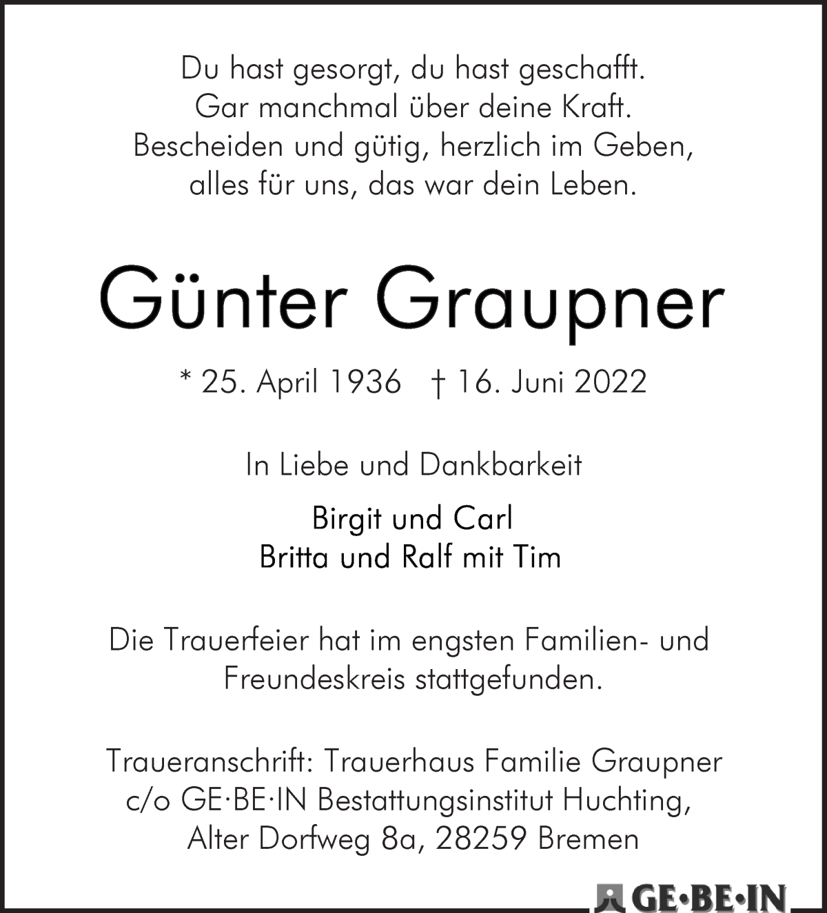 Traueranzeige von Günter Graupner von WESER-KURIER