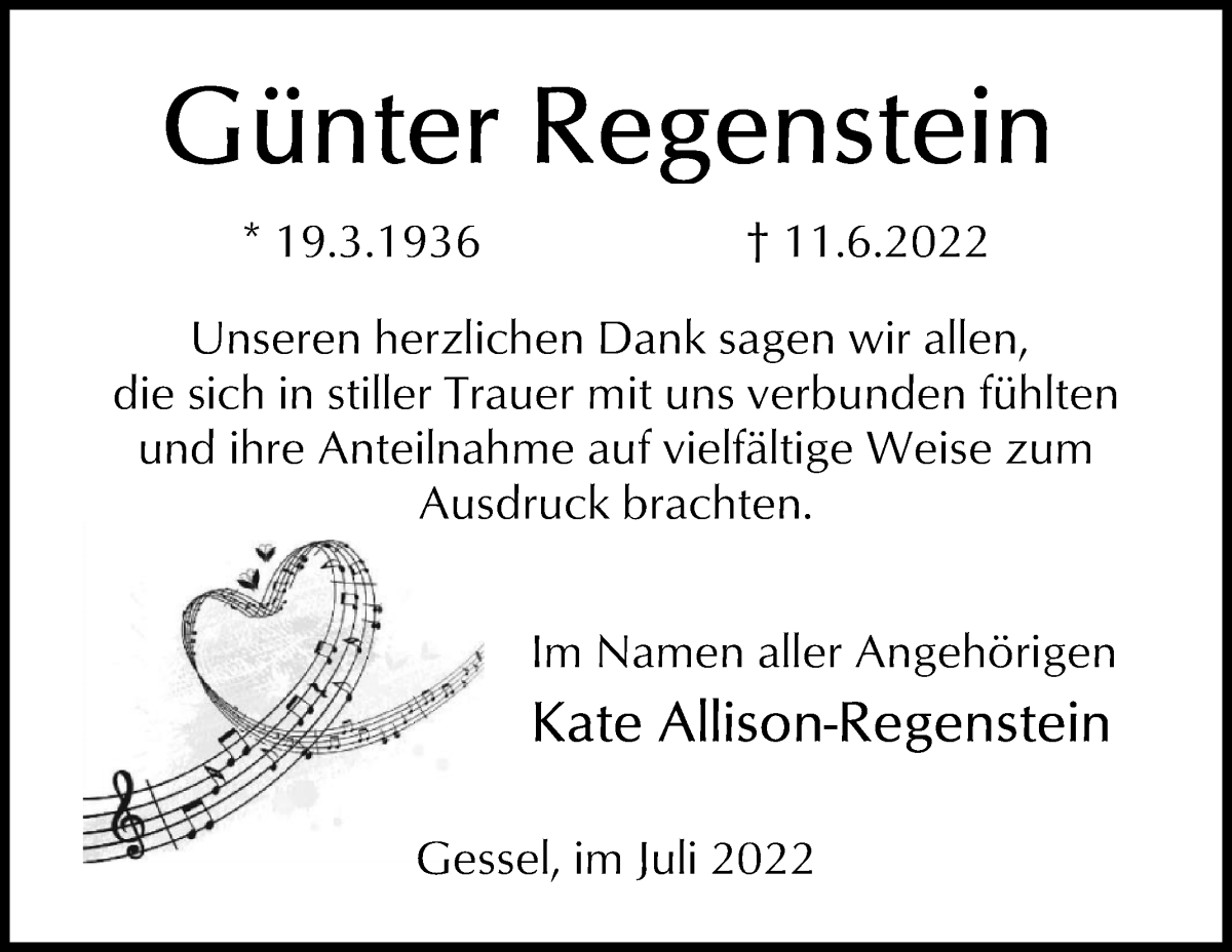 Traueranzeige für Günter Regenstein vom 16.07.2022 aus WESER-KURIER