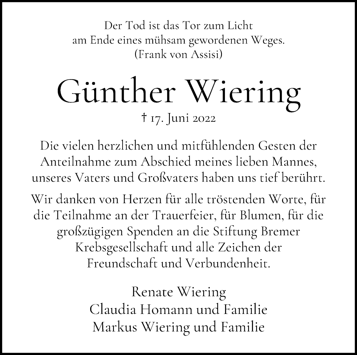 Traueranzeige von Günther Wiering von WESER-KURIER