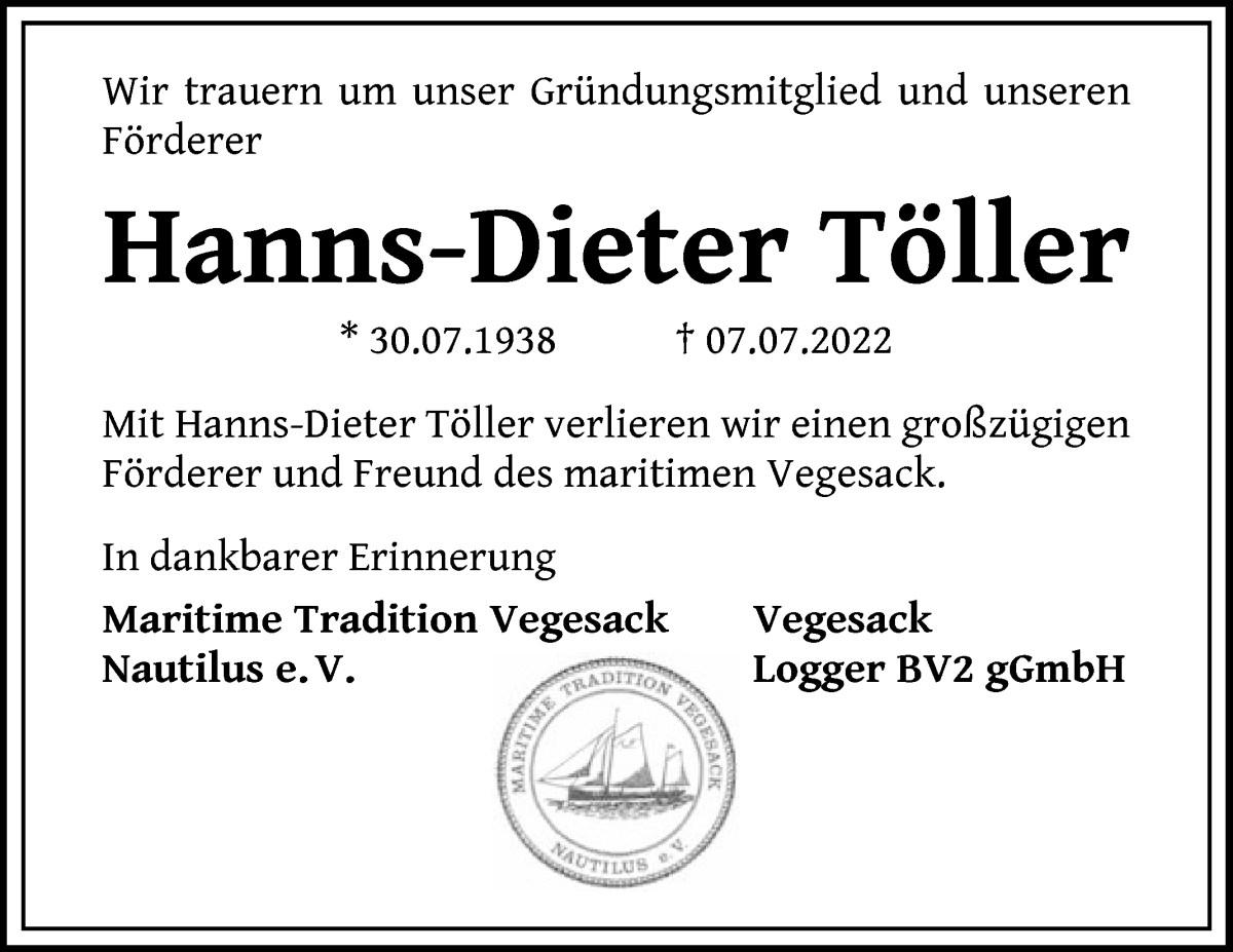 Traueranzeige von Hanns-Dieter Töller von Die Norddeutsche