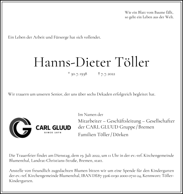 Traueranzeige von Hanns-Dieter Töller von WESER-KURIER