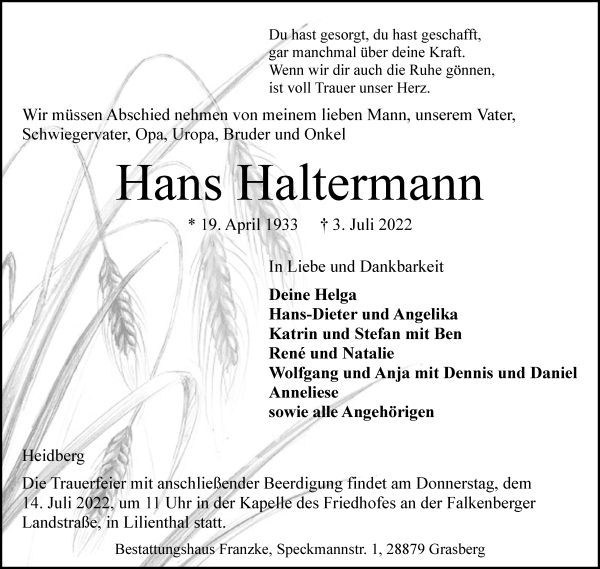 Traueranzeige von Hans Haltermann von Wuemme Zeitung