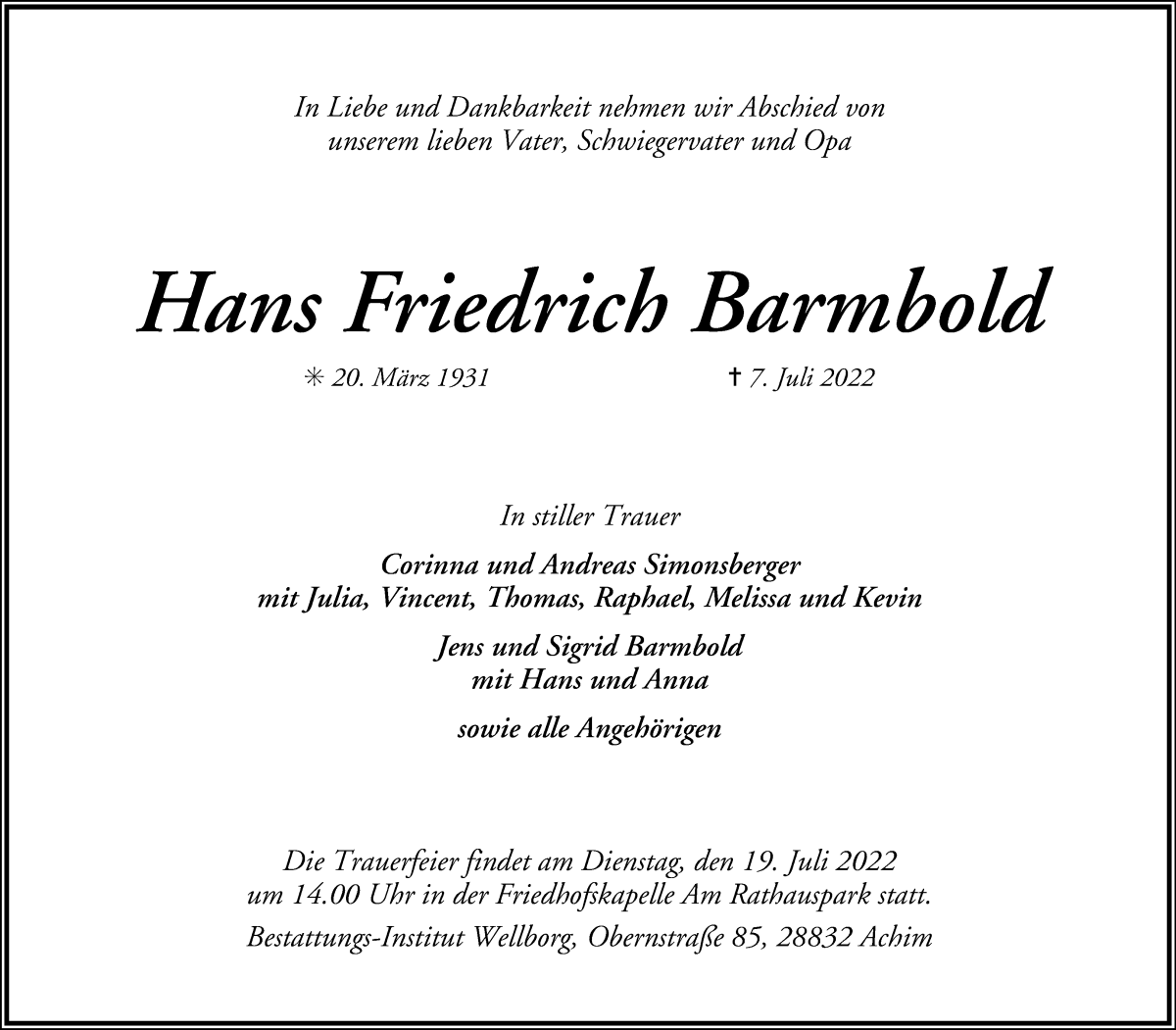 Traueranzeige von Hans Friedrich Barmbold von WESER-KURIER