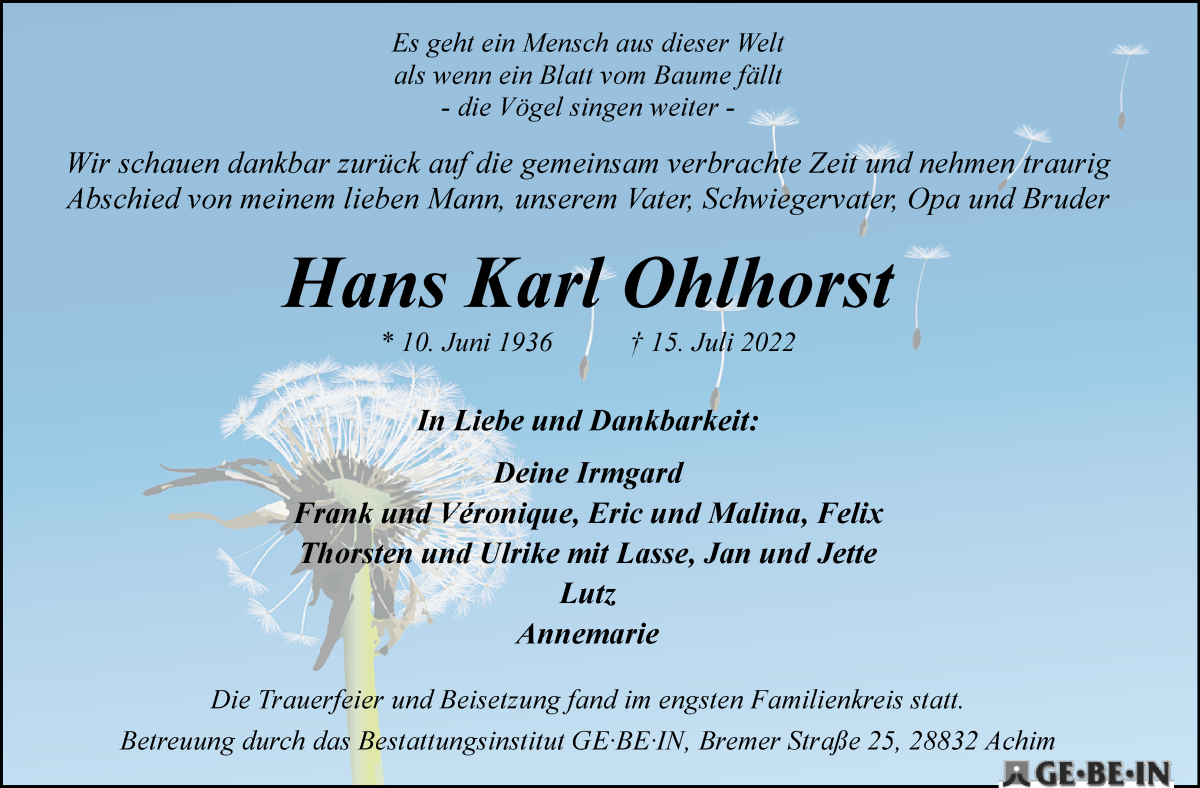 Traueranzeige von Hans Karl Ohlhorst von WESER-KURIER