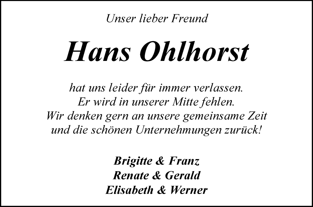  Traueranzeige für Hans Karl Ohlhorst vom 23.07.2022 aus Achimer Kurier/Verdener Nachrichten