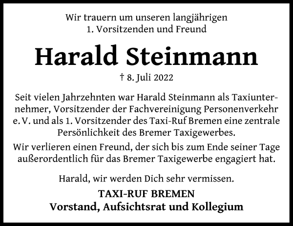 Traueranzeige von Harald Steinmann von WESER-KURIER