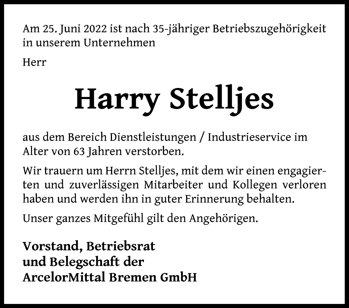  Traueranzeige für Harry Stelljes vom 09.07.2022 aus WESER-KURIER