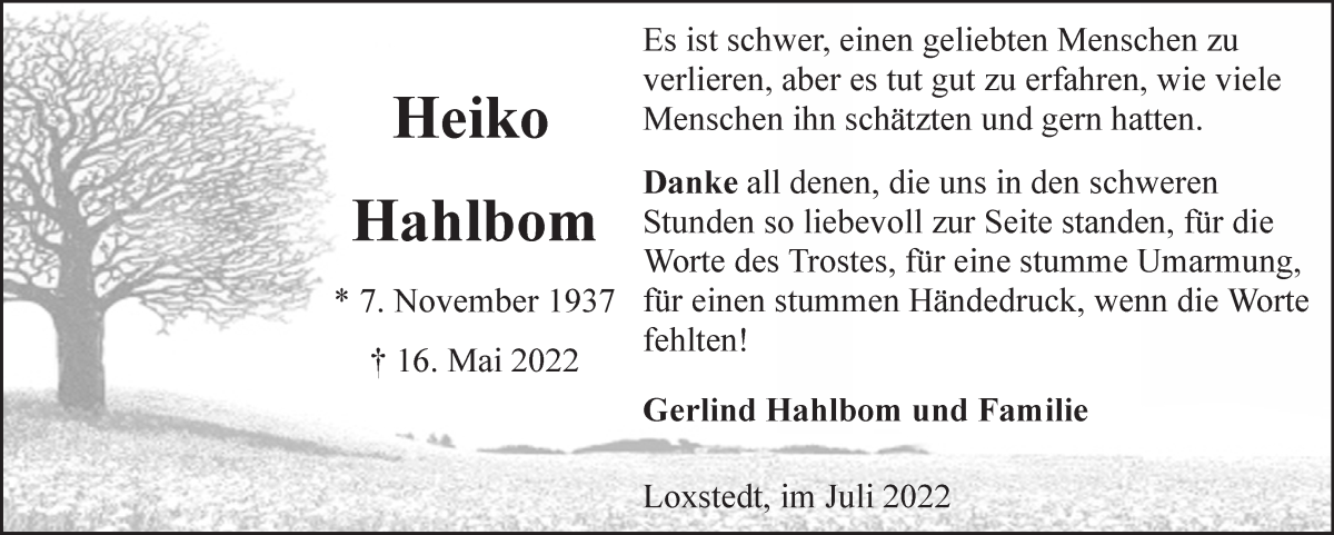 Traueranzeige von Heiko Hahlbom von Die Norddeutsche
