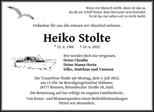 Traueranzeige von Heiko Stolte von Die Norddeutsche