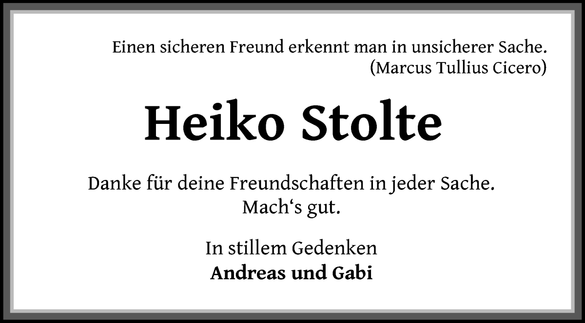  Traueranzeige für Heiko Stolte vom 01.07.2022 aus Die Norddeutsche