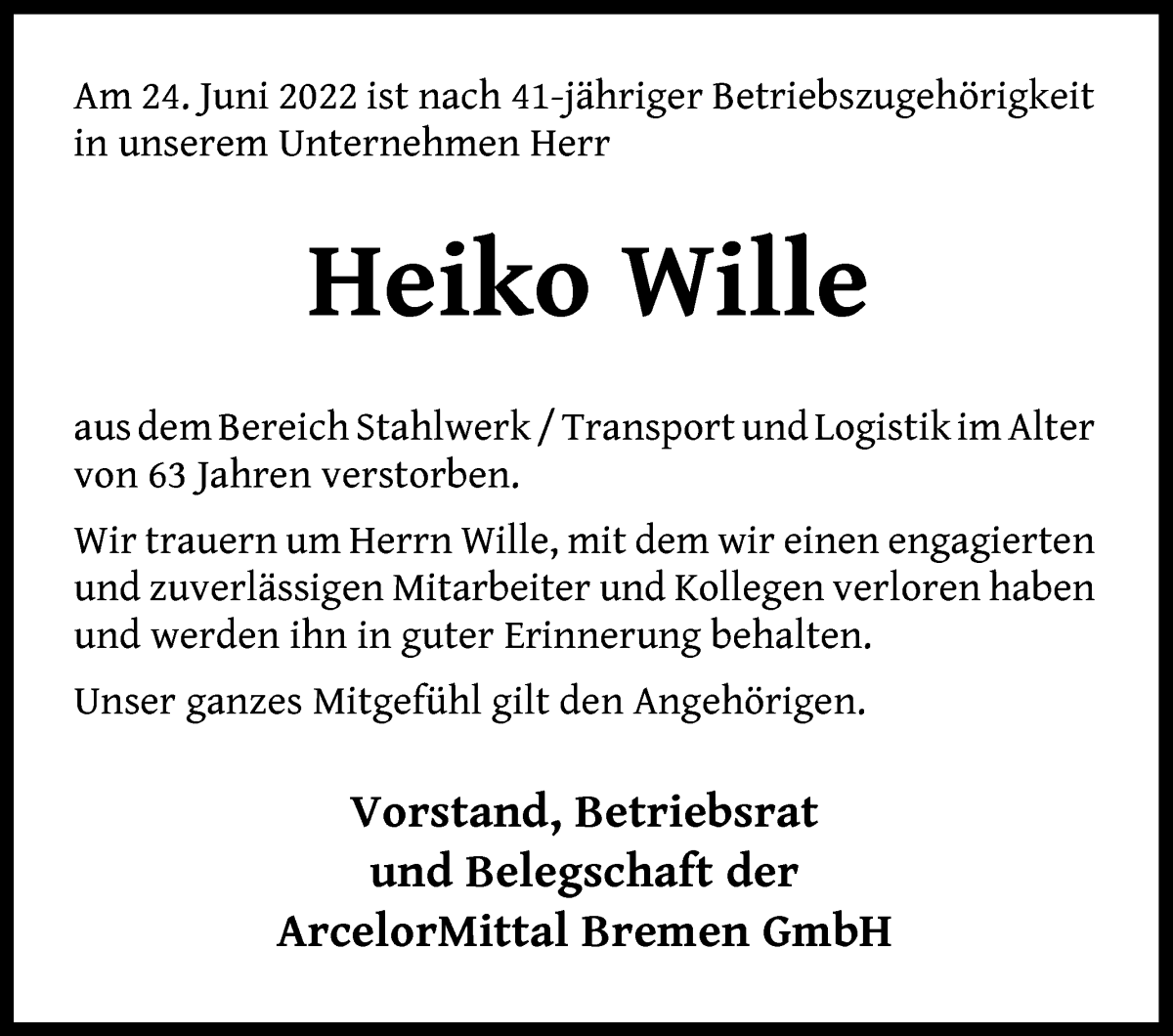  Traueranzeige für Heiko Wille vom 06.07.2022 aus WESER-KURIER
