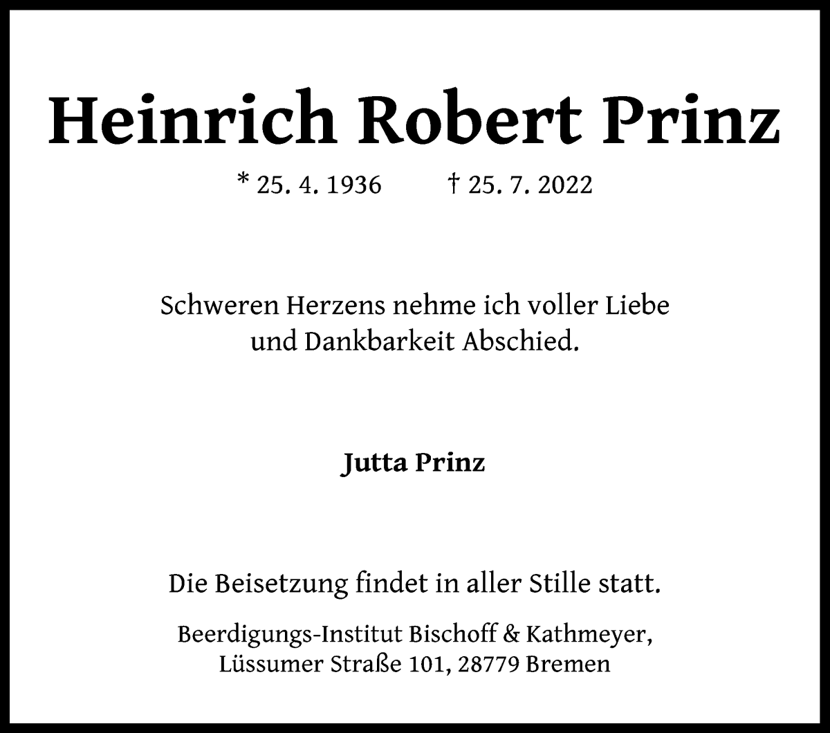 Traueranzeige von Heinrich Robert Prinz von Die Norddeutsche