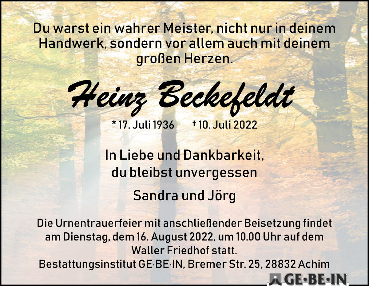  Traueranzeige für Heinz Beckefeldt vom 23.07.2022 aus WESER-KURIER